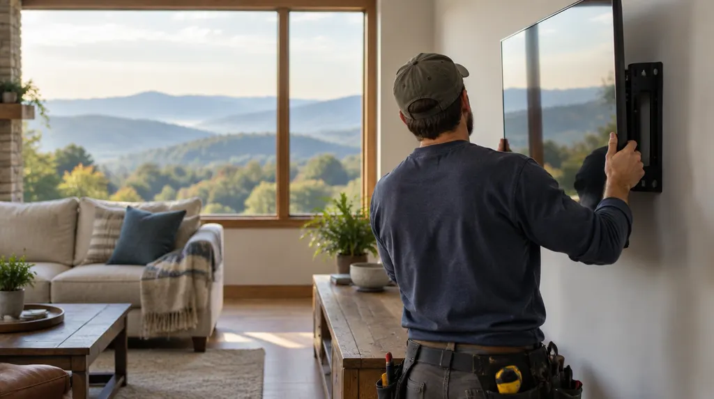A handyman mounting a TV on a living room wall in Mauldin, SC
