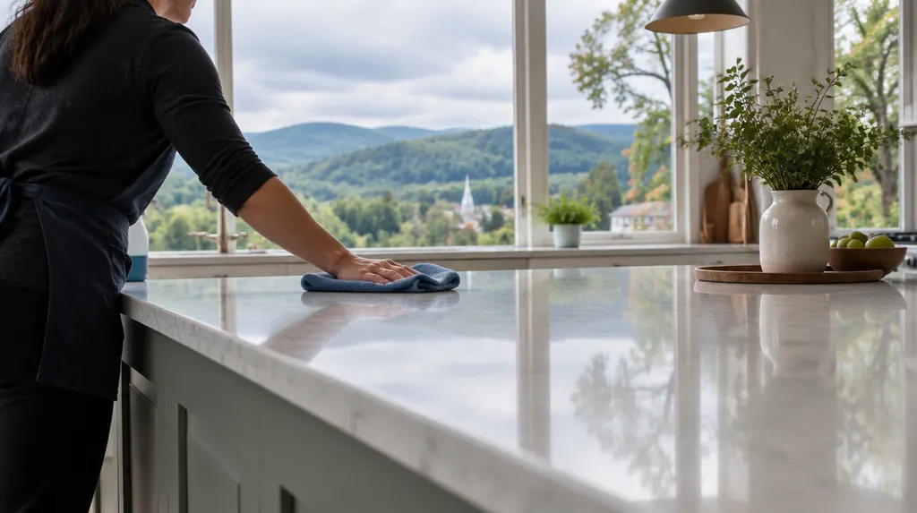 A house cleaner wiping a bright kitchen island in Mauldin, SC