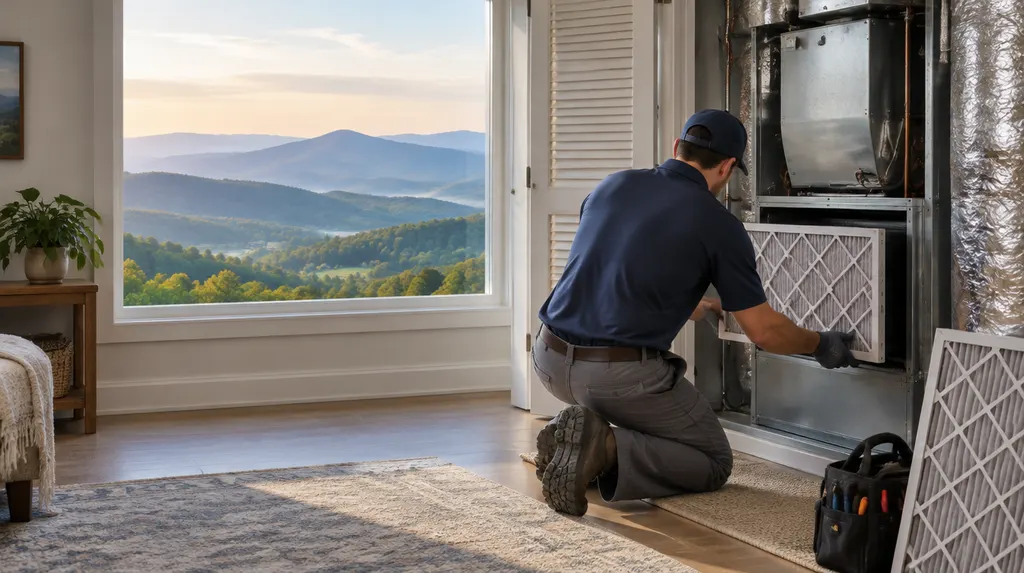 A technician replacing an air filter in an indoor air handler in Mauldin, SC