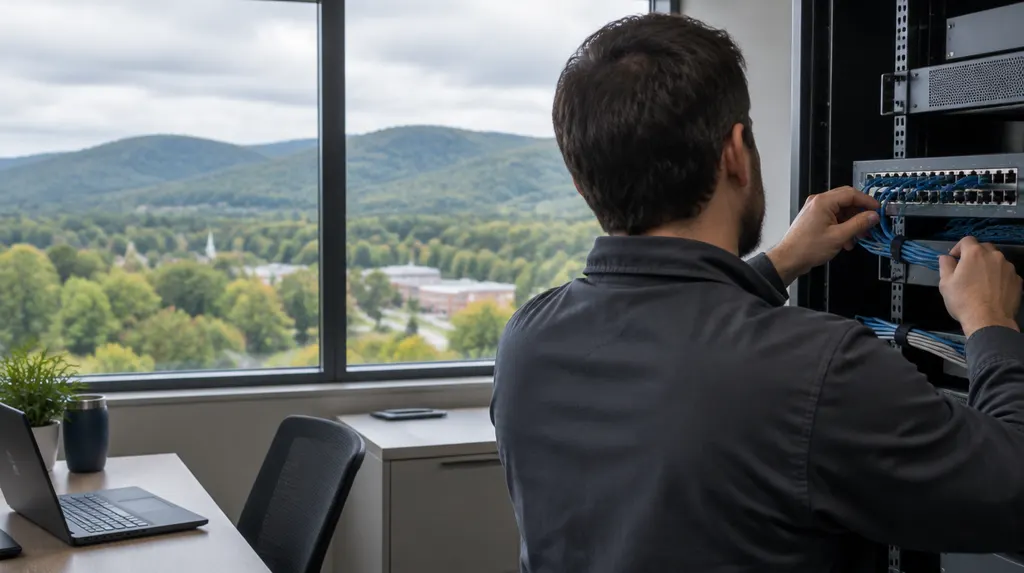 A technician setting up a network switch in an office in Mauldin, SC