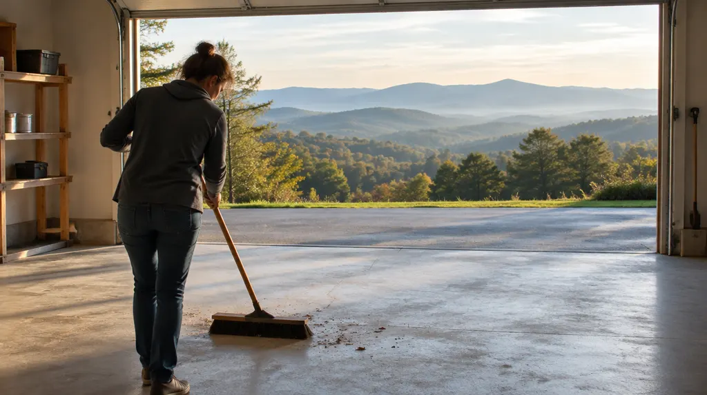 A cleared-out garage being swept in Mauldin, SC