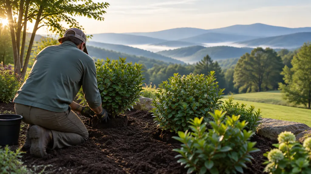 A landscaper planting shrubs in a fresh mulch bed in Mauldin, SC
