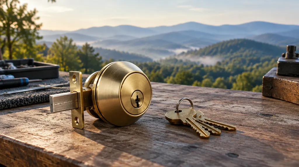 A new brass deadbolt lock and a set of keys on a locksmith’s workbench in Mauldin, SC