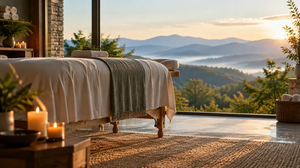 A calm massage room with a draped table and candles in Mauldin, SC