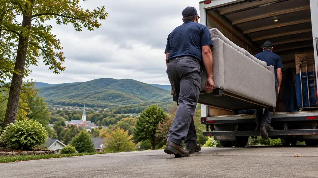 Movers carrying a sofa into a moving truck in Mauldin, SC