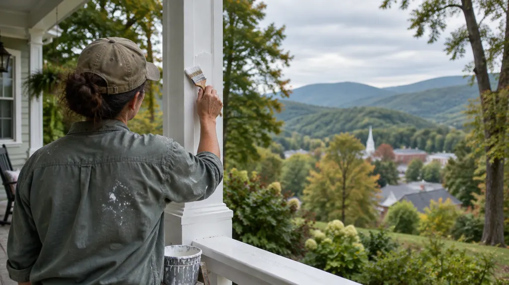 A painter brushing white trim on a porch in Mauldin, SC