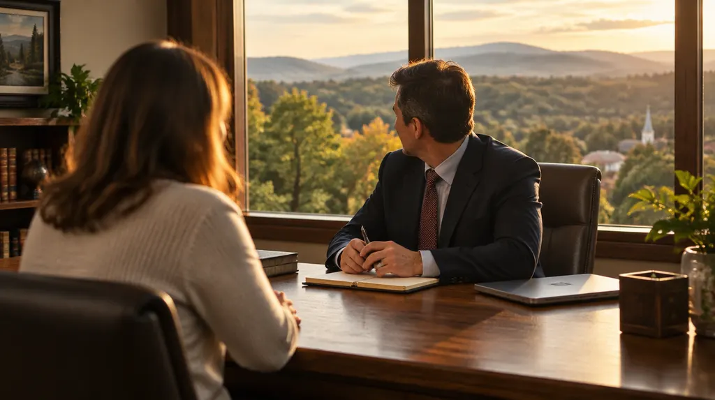 An attorney meeting a client across a desk in Mauldin, SC