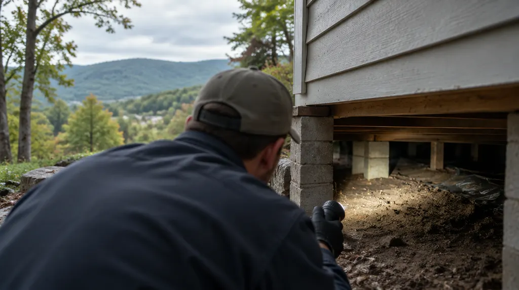 A technician inspecting a crawl space with a flashlight in Mauldin, SC