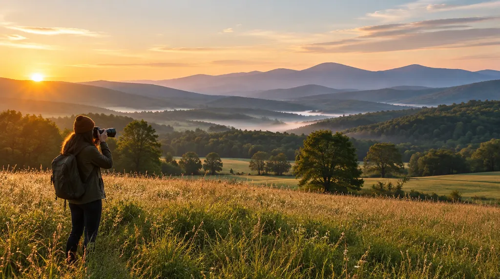 A photographer holding a camera at a golden-hour field in Mauldin, SC