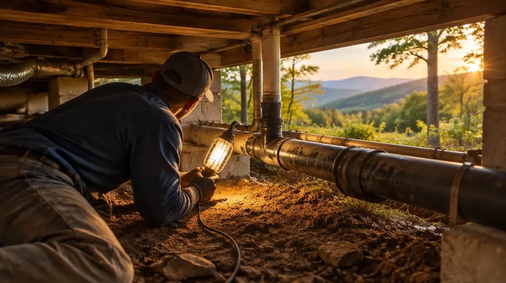 A plumber checking pipes in a crawl space with a work light in Mauldin, SC