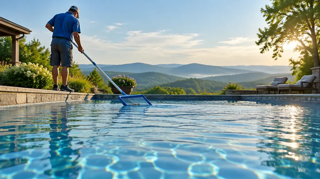 A pool technician skimming a sparkling backyard pool in Mauldin, SC