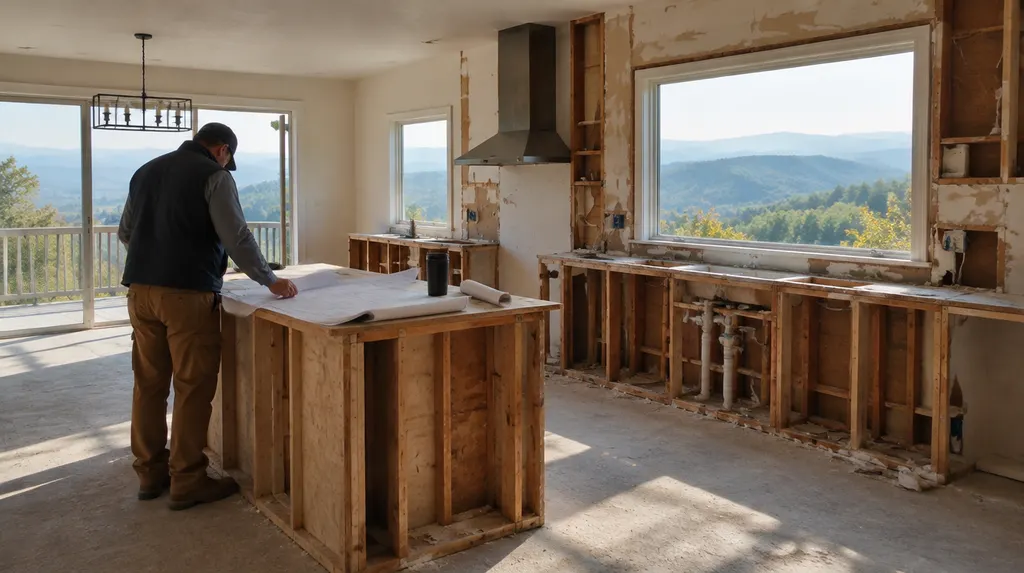 A contractor reviewing plans in a gutted kitchen in Mauldin, SC