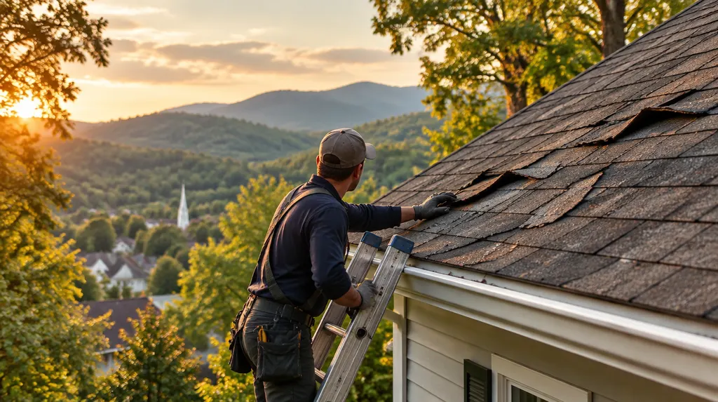 A roofer inspecting storm-damaged shingles from a ladder in Mauldin, SC
