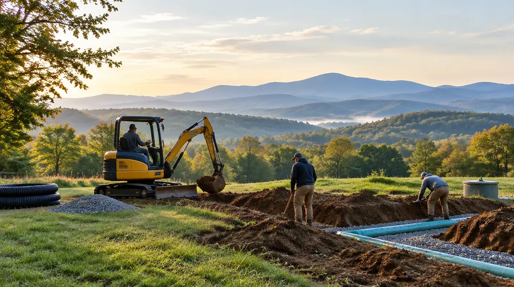 A crew repairing a drain field with a small excavator in Mauldin, SC