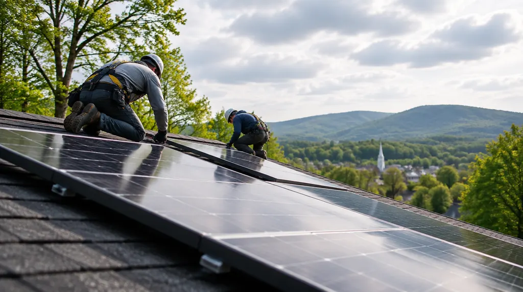 Installers mounting solar panels on a sunny roof in Mauldin, SC