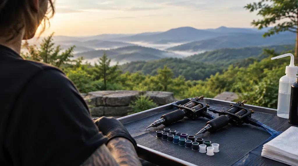 Tattoo machines and ink caps on a tray in Mauldin, SC