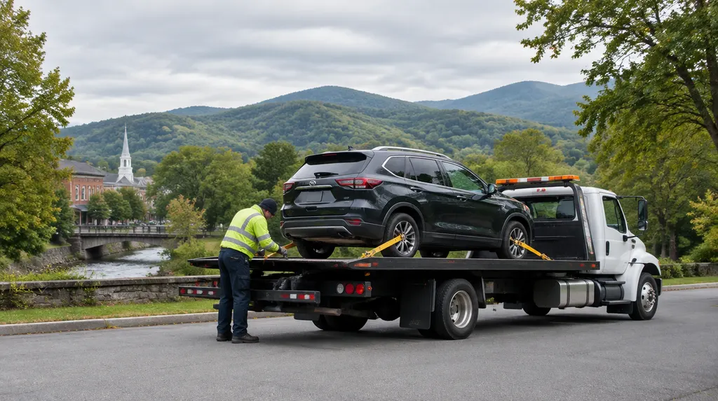 A tow truck driver securing a vehicle with straps in Mauldin, SC