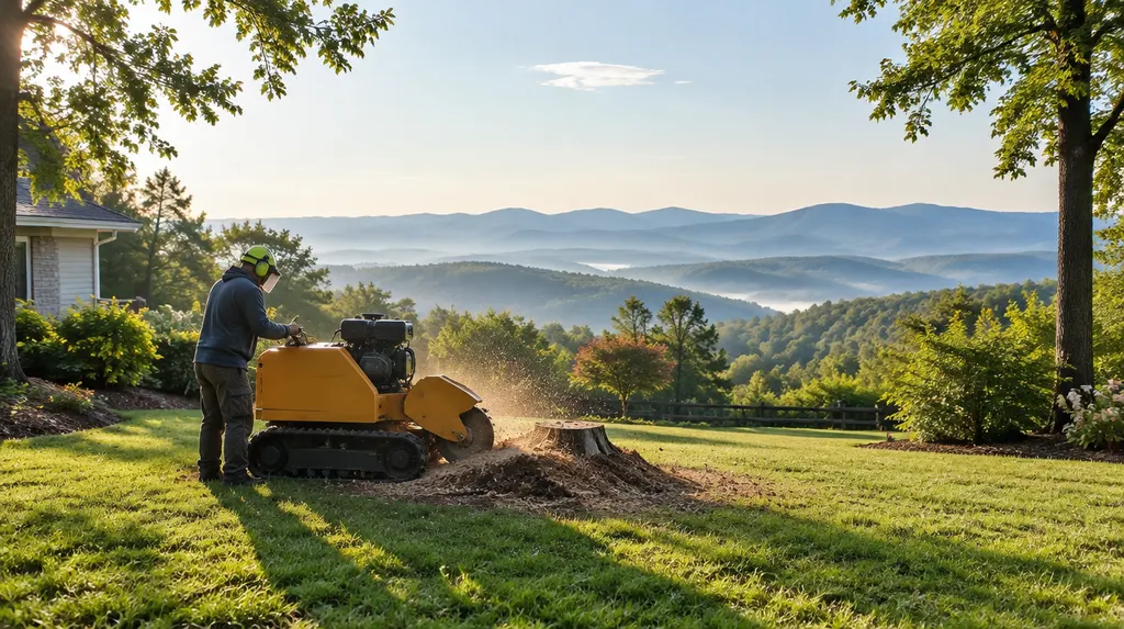 A stump grinder working in a sunny backyard in Mauldin, SC