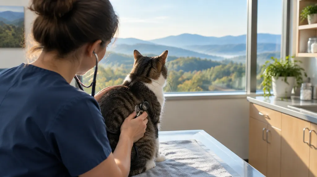 A vet checking a cat in a bright clinic in Mauldin, SC