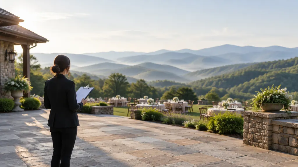A planner holding a clipboard at an elegant venue in Mauldin, SC