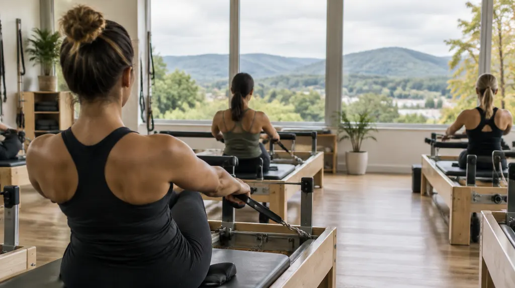 Pilates reformer machines in a bright studio in Mauldin, SC