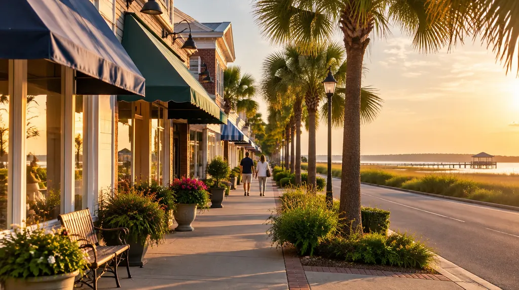 Local businesses along a street in Mount Pleasant, South Carolina