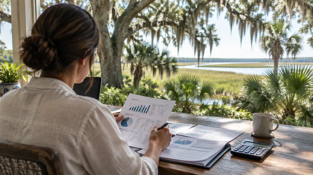 An accountant reviewing financial reports at a desk in Mount Pleasant, SC