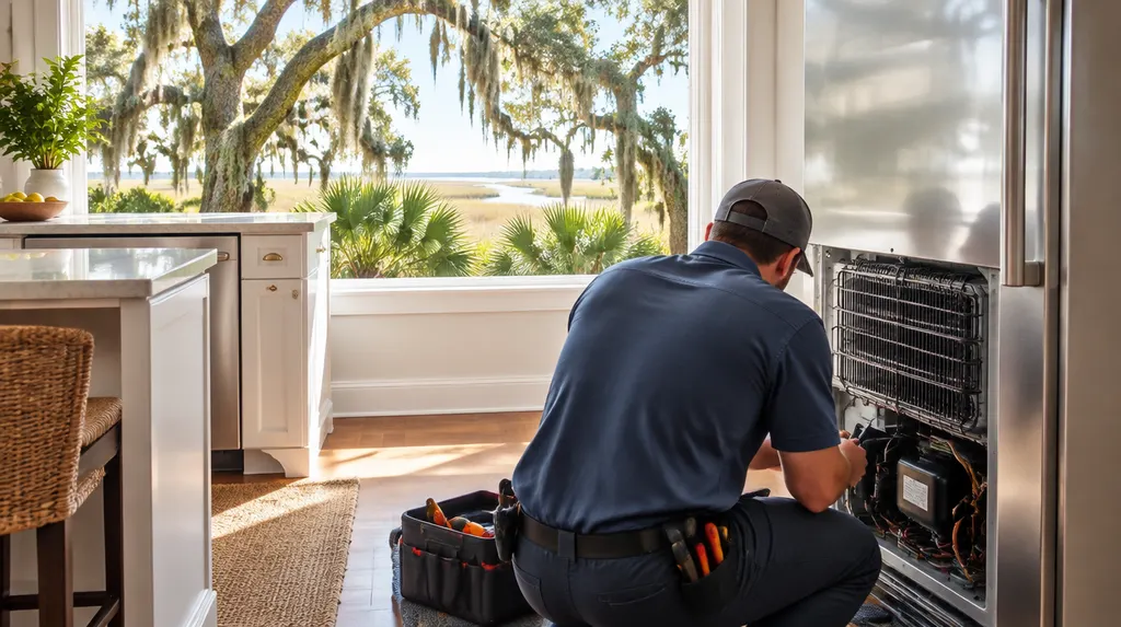 A technician repairing a refrigerator in a kitchen in Mount Pleasant, SC