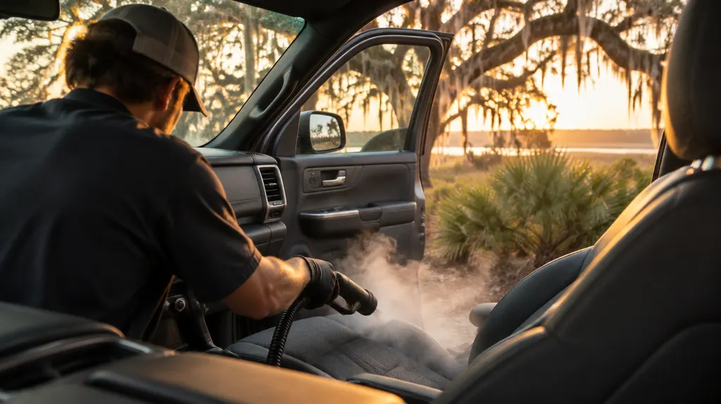 A detailer cleaning a car interior with a steam tool in Mount Pleasant, SC