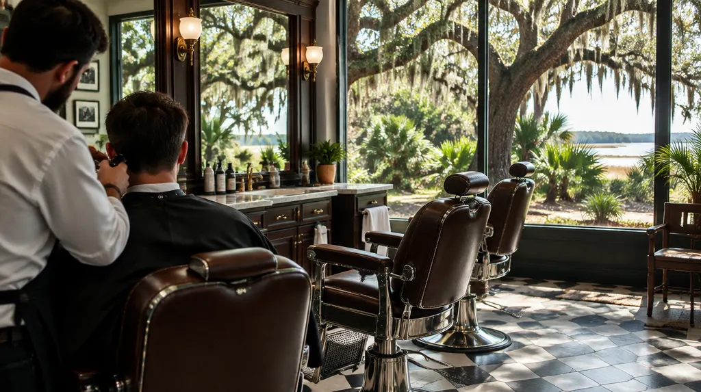 A classic barbershop with leather chairs in Mount Pleasant, SC