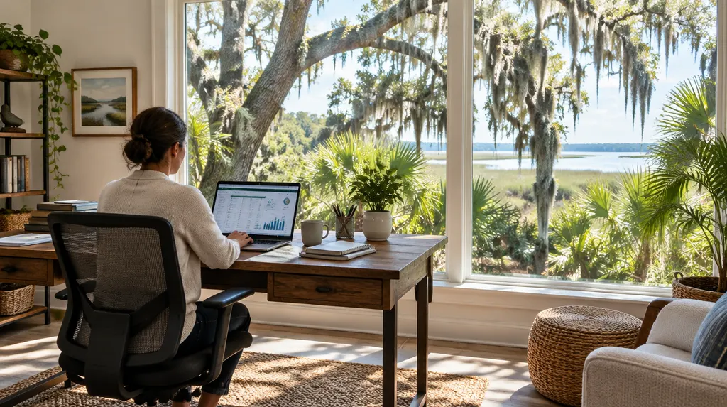 A bookkeeper working on financial software in a home office in Mount Pleasant, SC