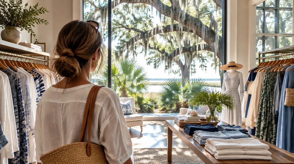 A stylish boutique interior with clothing racks in Mount Pleasant, SC