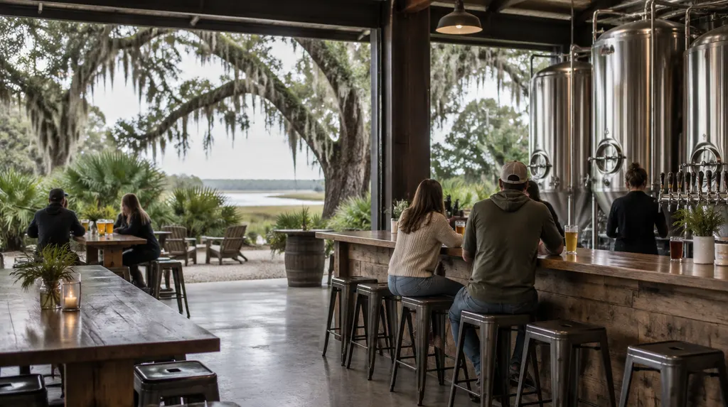 A craft brewery taproom with tanks and a bar in Mount Pleasant, SC