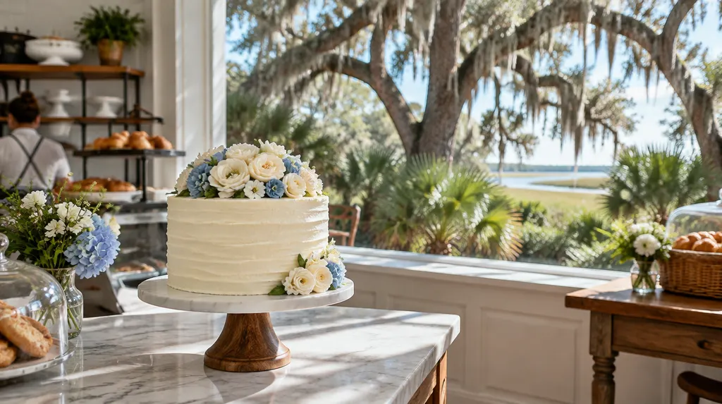 A decorated celebration cake in a bakery in Mount Pleasant, SC