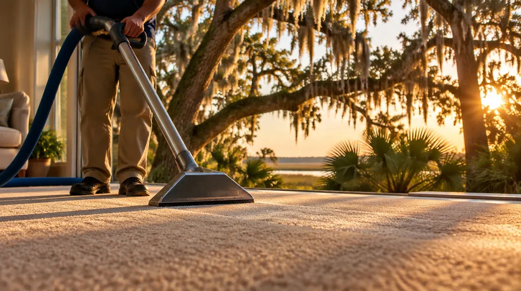 A technician cleaning a carpet with a wand in Mount Pleasant, SC