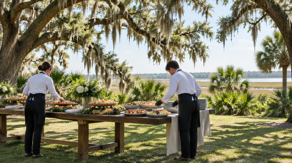 Caterers arranging platters on a table in Mount Pleasant, SC