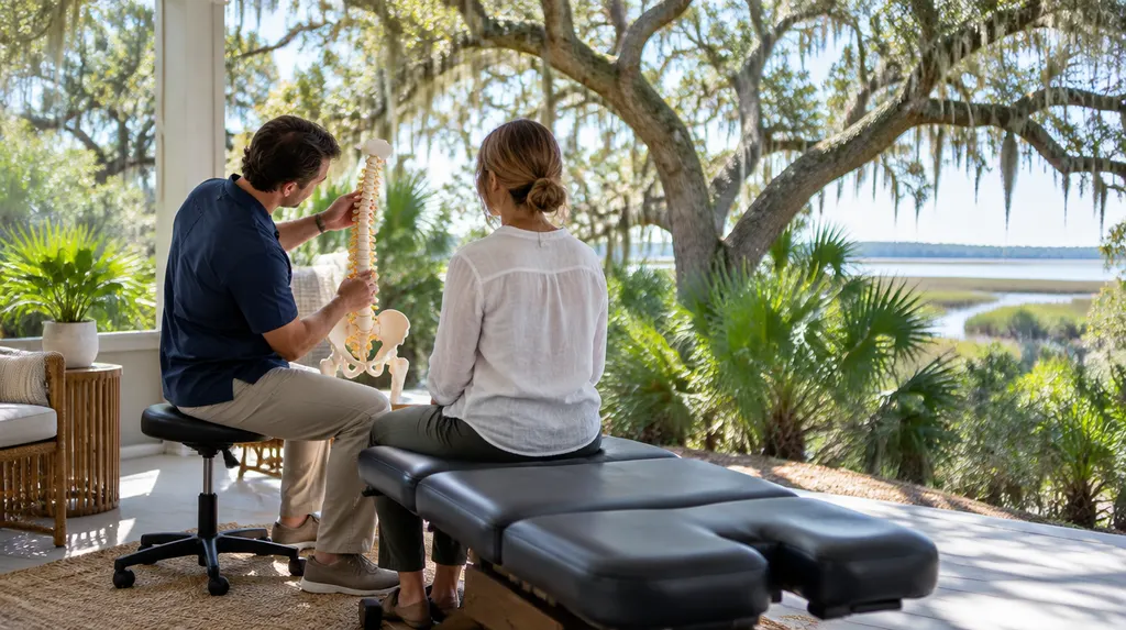 A chiropractor discussing a spine model in Mount Pleasant, SC
