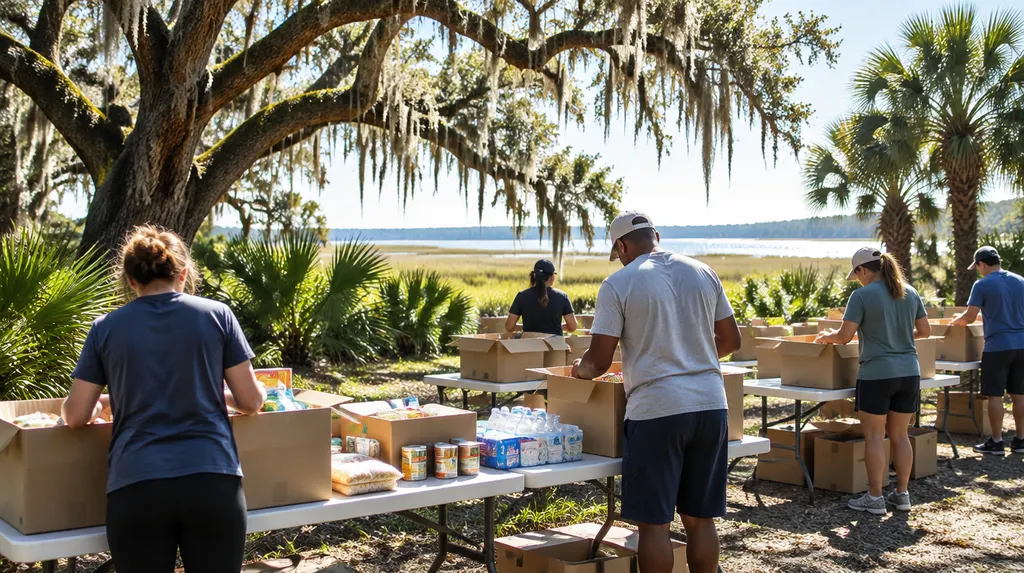 Volunteers packing donation boxes in Mount Pleasant, SC