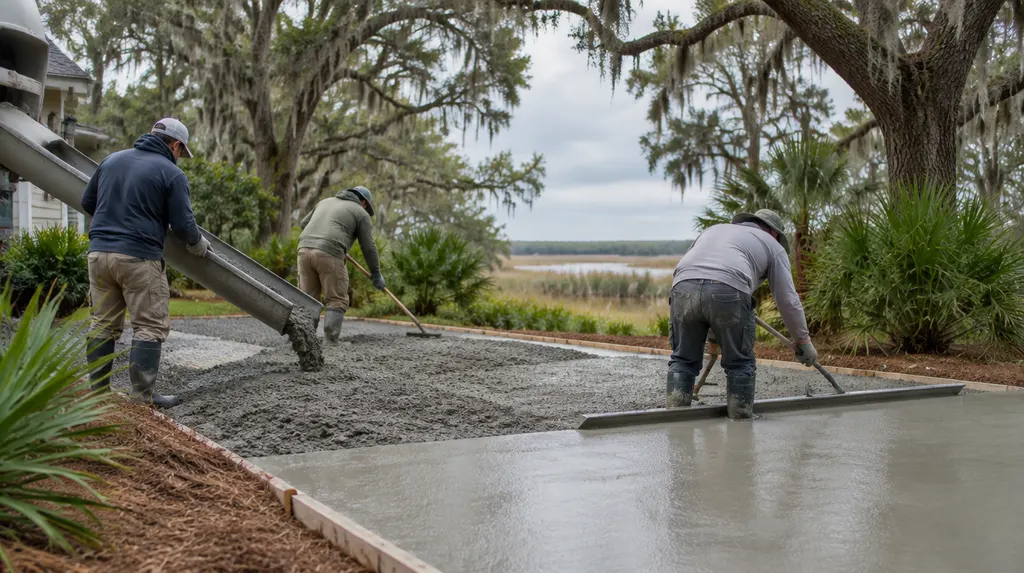 A crew pouring and screeding a new concrete driveway in Mount Pleasant, SC