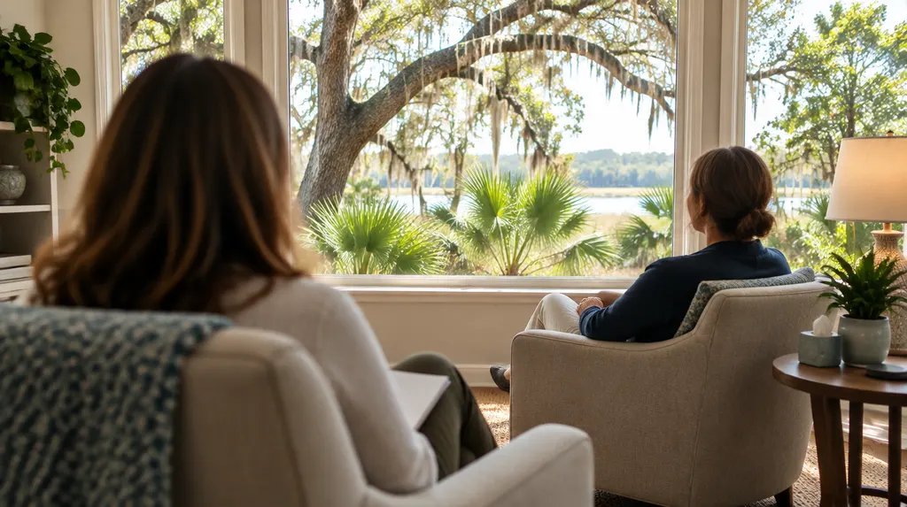 A calm, softly lit counseling room with two armchairs in Mount Pleasant, SC