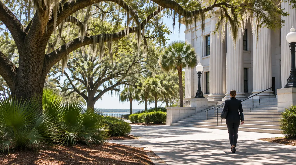 An attorney walking outside a courthouse-style building in Mount Pleasant, SC