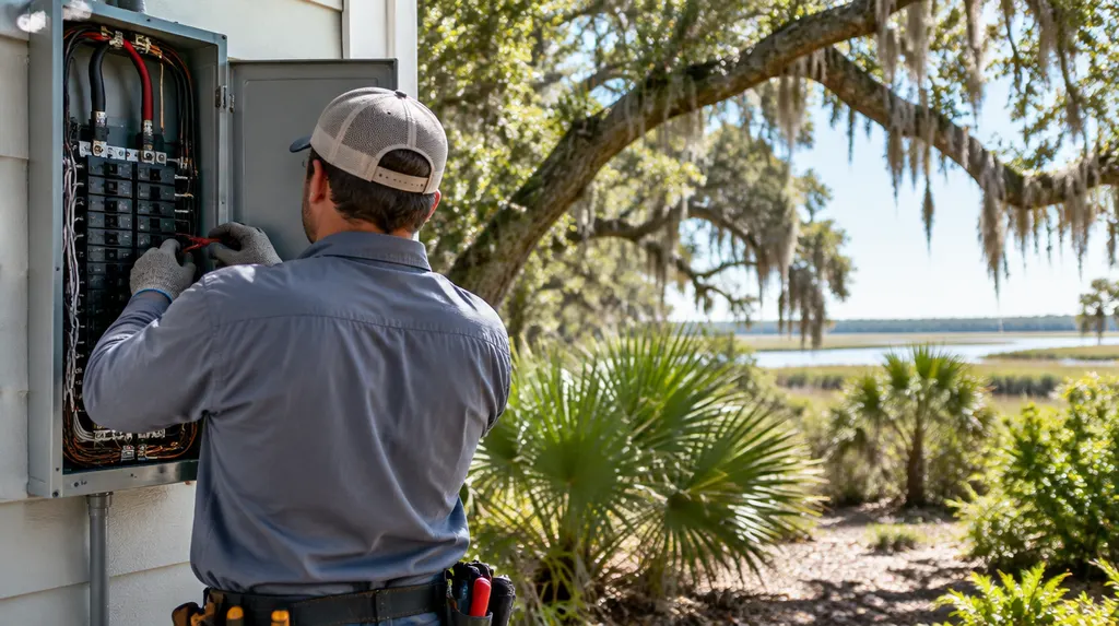 An electrician working on an open breaker panel in Mount Pleasant, SC