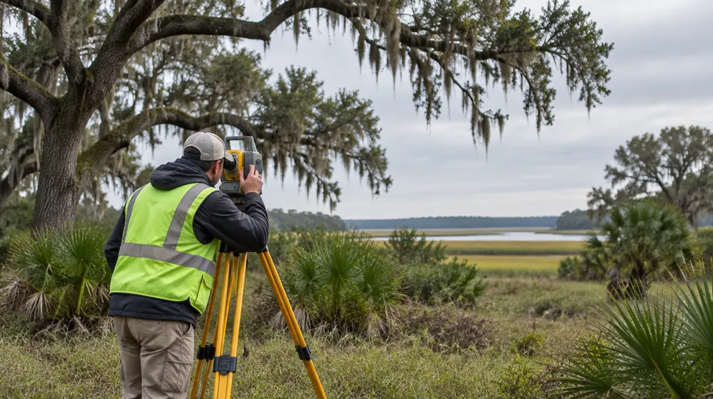 A surveyor with a tripod instrument in a field in Mount Pleasant, SC