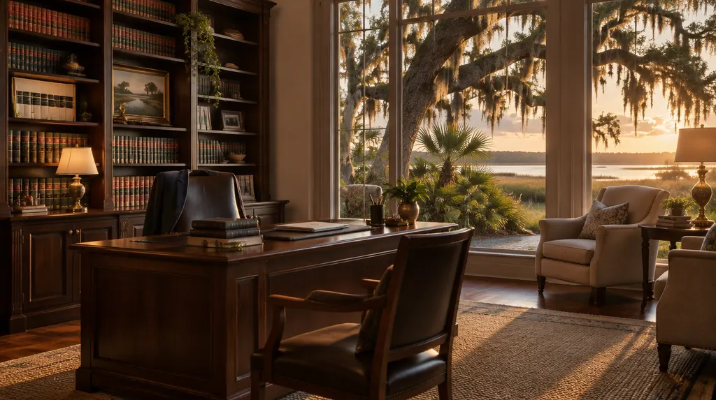 A quiet law office with bookshelves in Mount Pleasant, SC