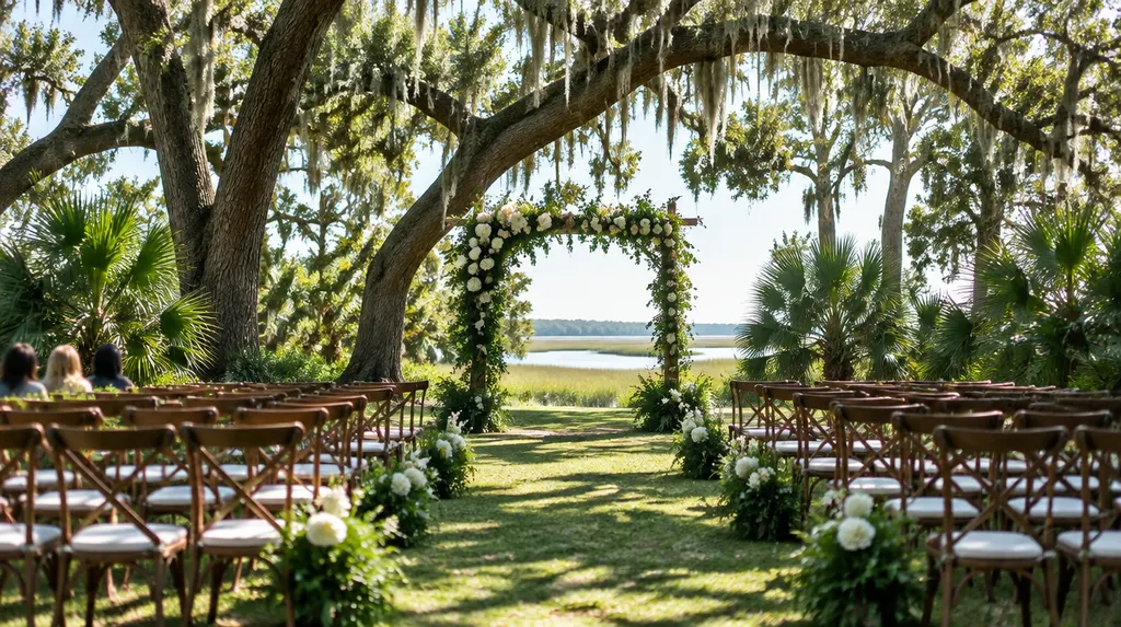 An outdoor ceremony setup under oak trees in Mount Pleasant, SC