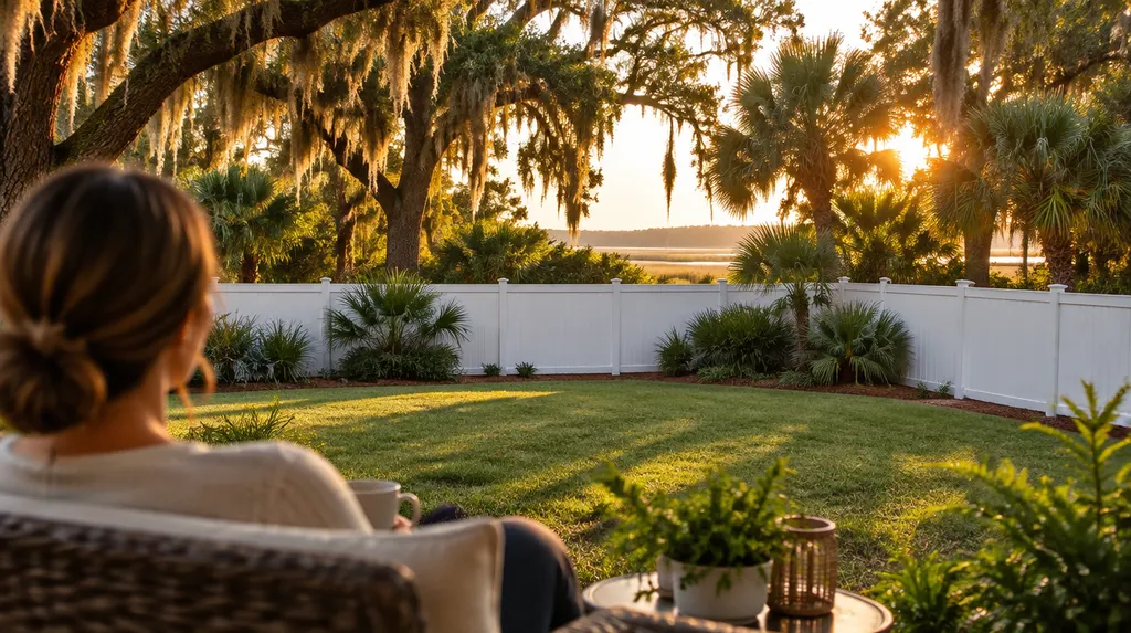 A white vinyl fence around a green backyard in Mount Pleasant, SC