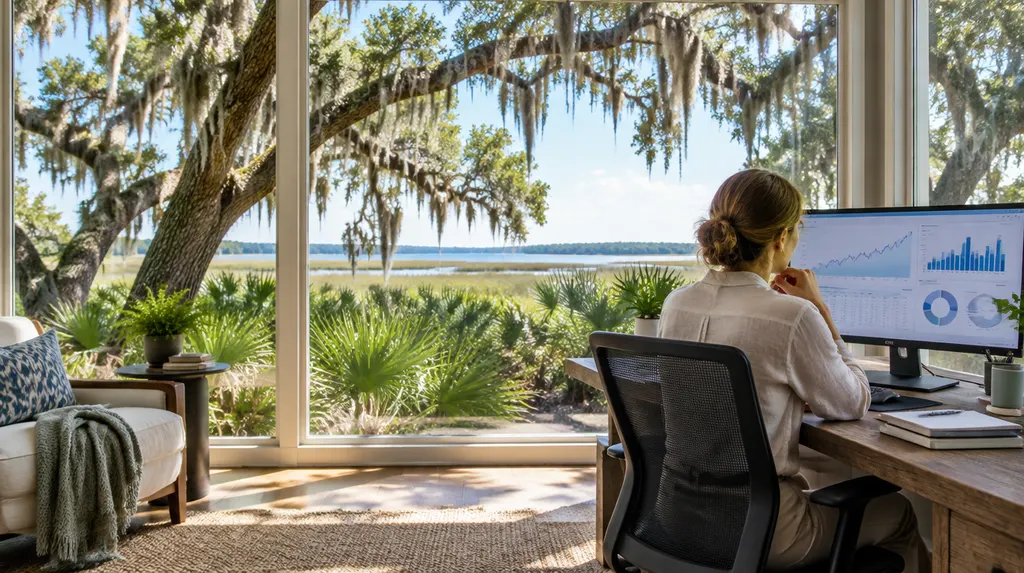 An advisor reviewing charts on a monitor in Mount Pleasant, SC