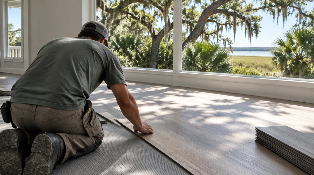 An installer laying luxury vinyl plank flooring in Mount Pleasant, SC