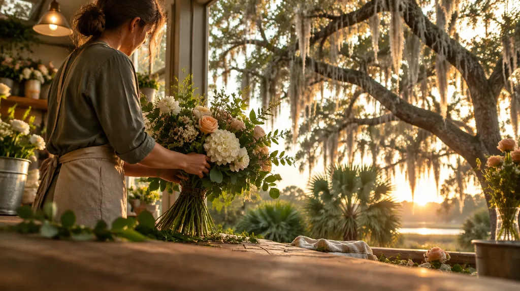 A florist arranging a bouquet in a flower shop in Mount Pleasant, SC