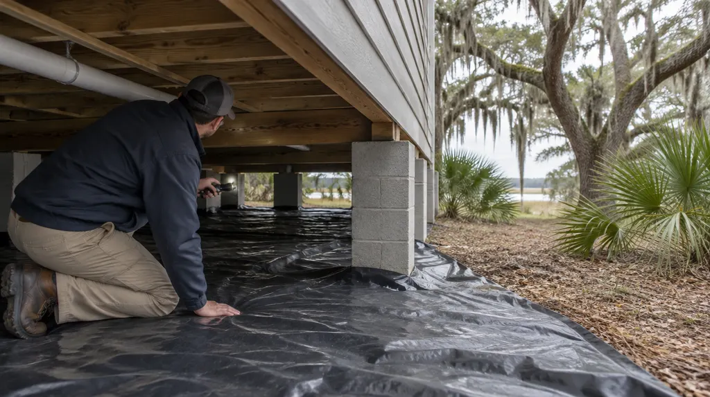 A technician inspecting a crawl space with a vapor barrier in Mount Pleasant, SC